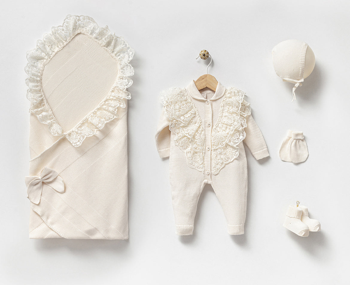 Baby Newborn 5 Teilig Strickset - Deluxe - Spitzendetail - Blume - Creme ⭐️Sehr beliebt⭐️