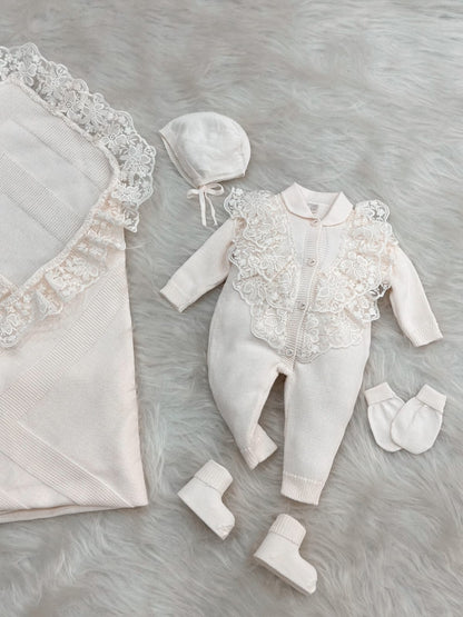 Baby Newborn 5 Teilig Strickset - Deluxe - Spitzendetail - Blume - Creme ⭐️Sehr beliebt⭐️