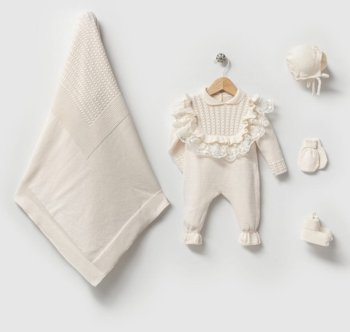 Baby Newborn 5 Teilig Strickset - Madame Rüschen - Creme