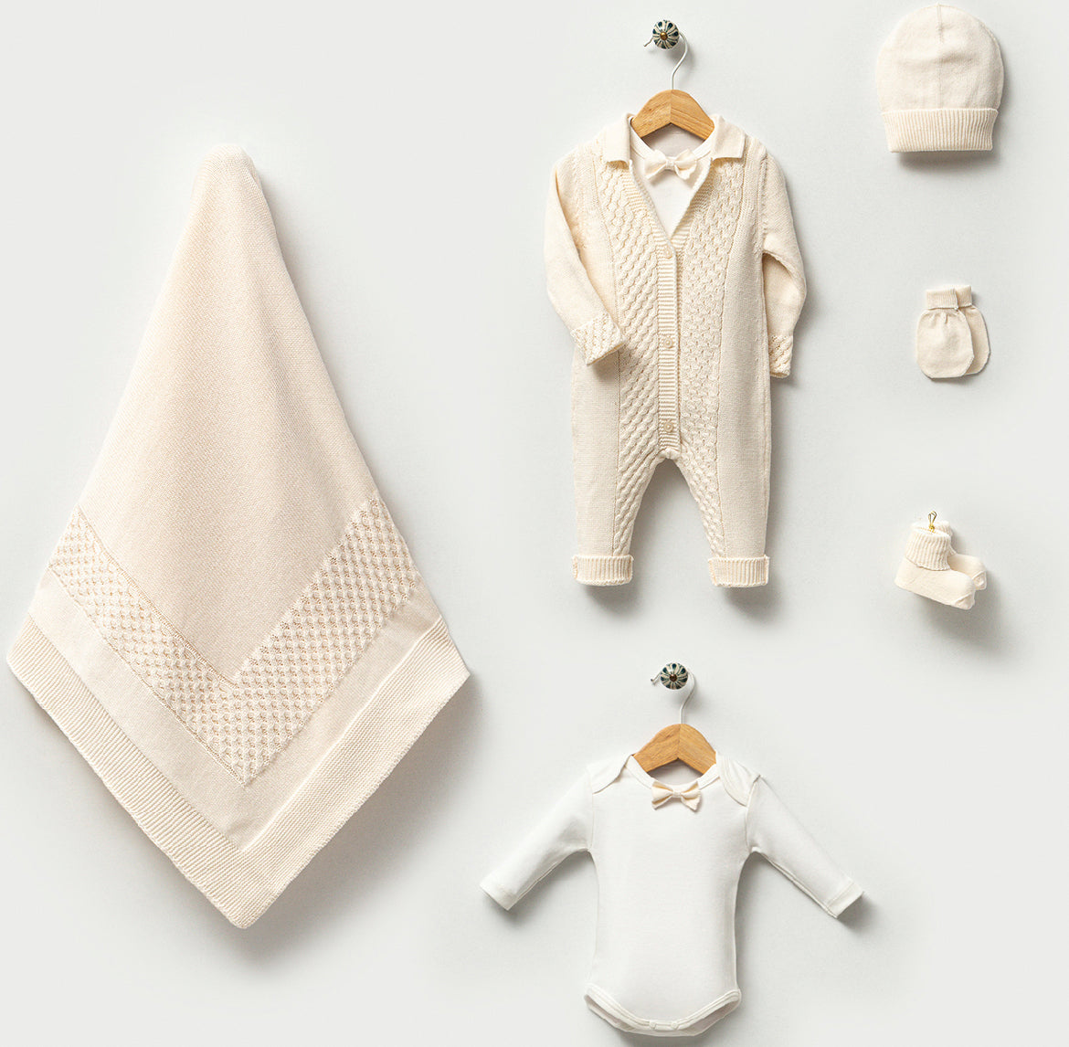 Baby Newborn 6 Teilig Strickset - Wabenmuster Gentleman- Creme