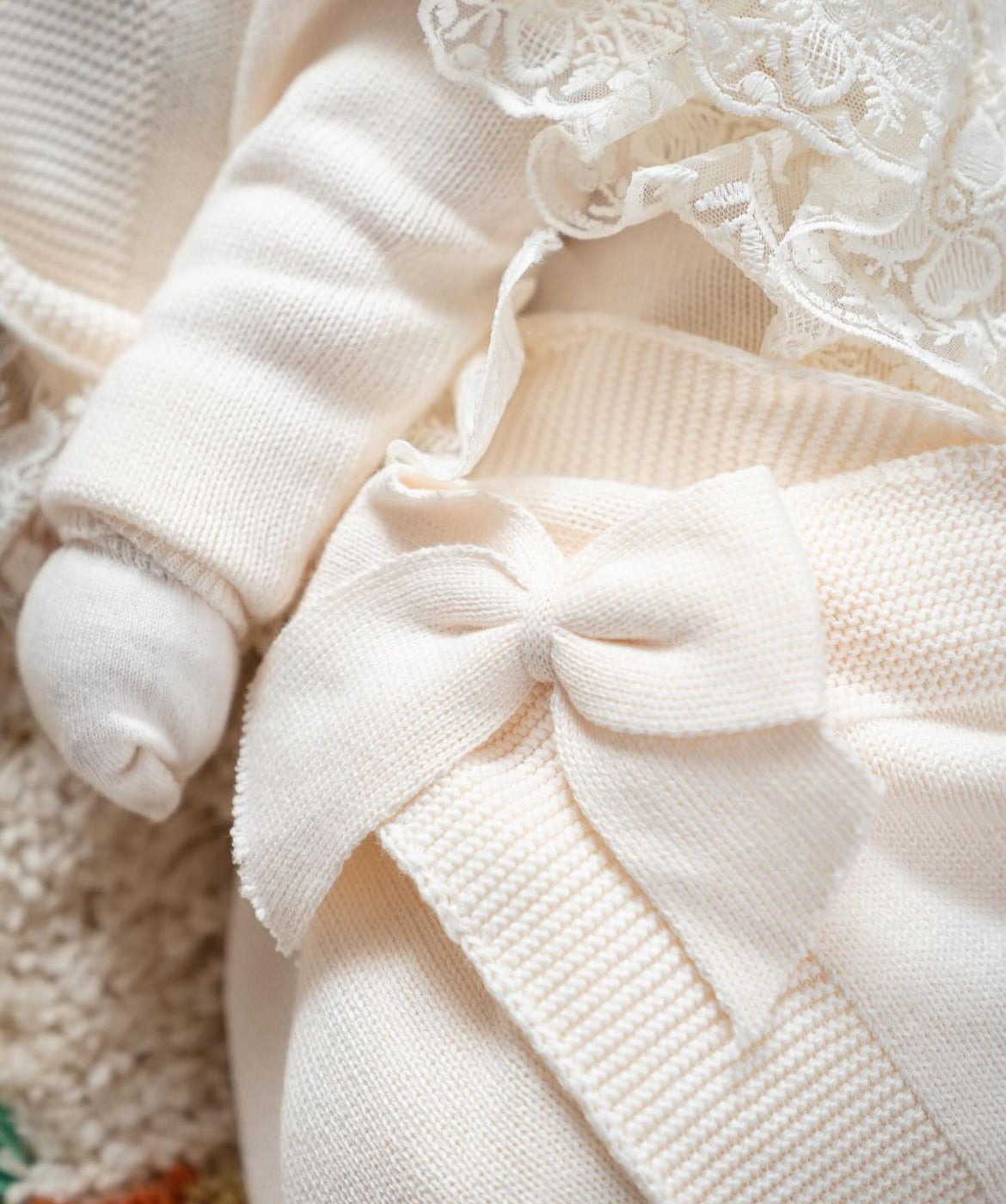 Baby Newborn 5 Teilig Strickset - Deluxe - Spitzendetail - Blume - Creme ⭐️Sehr beliebt⭐️